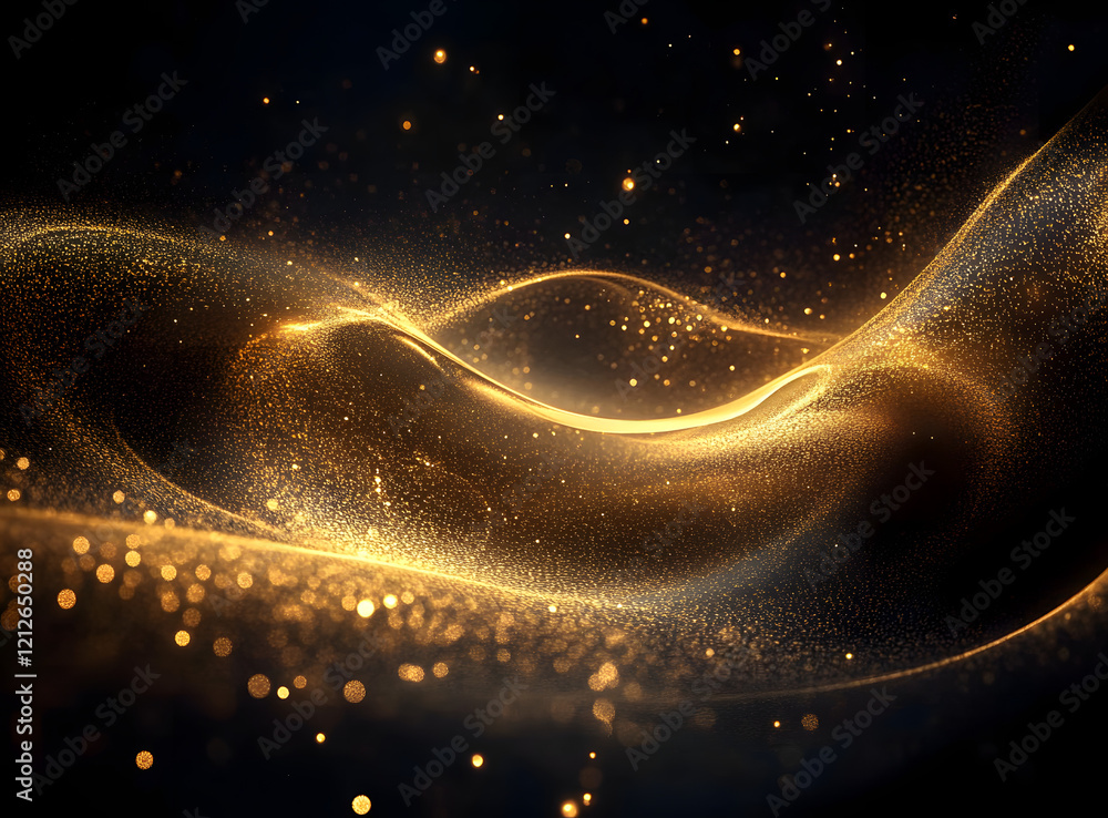 Poster a mesmerizing swirl of golden particles shimmers in the dark, creating a magical, ethereal glow. the
