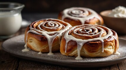 Three delicious cinnamon rolls drizzled with icing on a rustic wooden table.