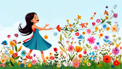 Joyful Girl in a Flower Field. A Celebration of Nature, Happiness, and the Beauty of Blooming Flowers