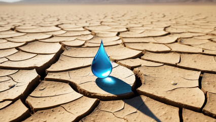 Last Drop of Water on Cracked Desert Soil. A Stark Reminder of Water Scarcity and Climate Change Impact