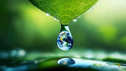 Earth in a Water Drop on a Leaf: Symbolizing Sustainability, Conservation, and the Connection Between Nature and Planet