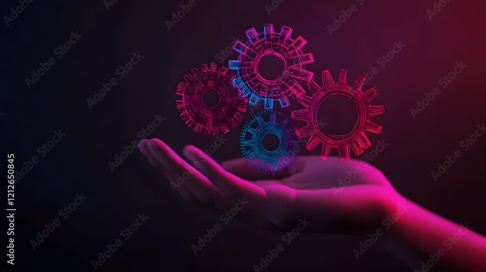 Aufkleber holographic gears above palm on high-tech dark gradient background,symbolizing process automation
