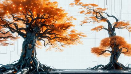 Futuristic Cybernetic Trees with Glowing Orange Leaves: A Fusion of Nature and Advanced Technology