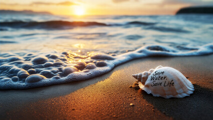 Save Water, Save Life: Inspirational Message on a Seashell by the Shoreline at Sunset