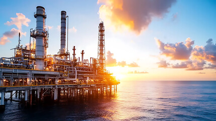 Obraz premium Collaboration of petrochemical engineers at an oil refinery teamwork industrial setting coastal sunset aerial view energy innovation