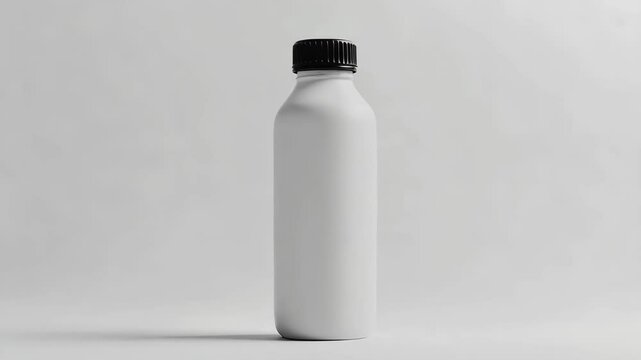 Rotating minimalist white bottle with black cap on neutral background