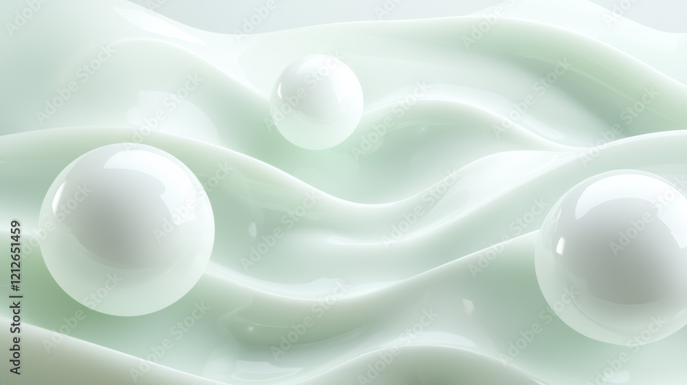 Poster smooth white waves with glossy spheres create fresh and clean aesthetic