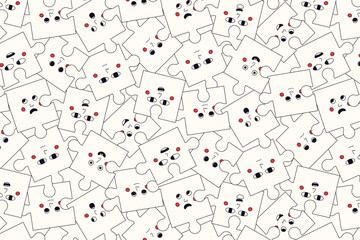 Abstract puzzle seamless pattern. Geometric jigsaw pieces print, cartoon texture for fabric, wrapping paper, wallpaper, autism support concept. Vector background