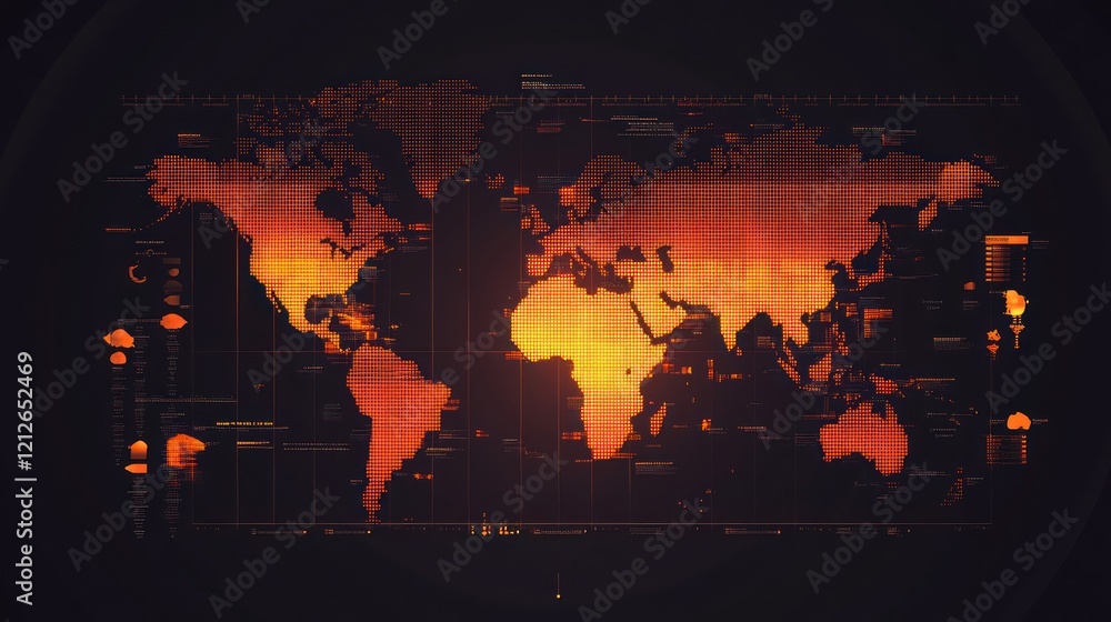 Poster Global Network Data Display Orange Hues World Map