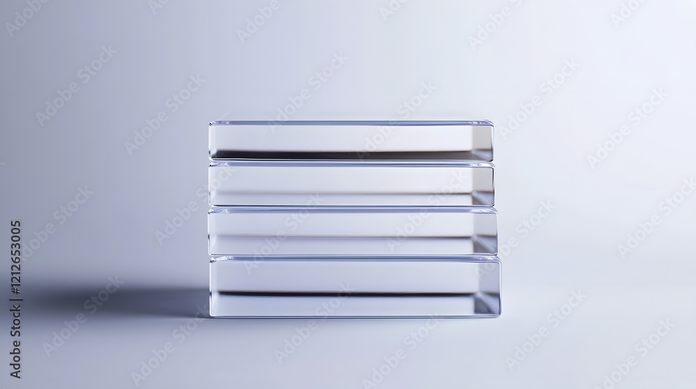 Poster stacked transparent layers forming 3d cubes in a minimalist studio setting