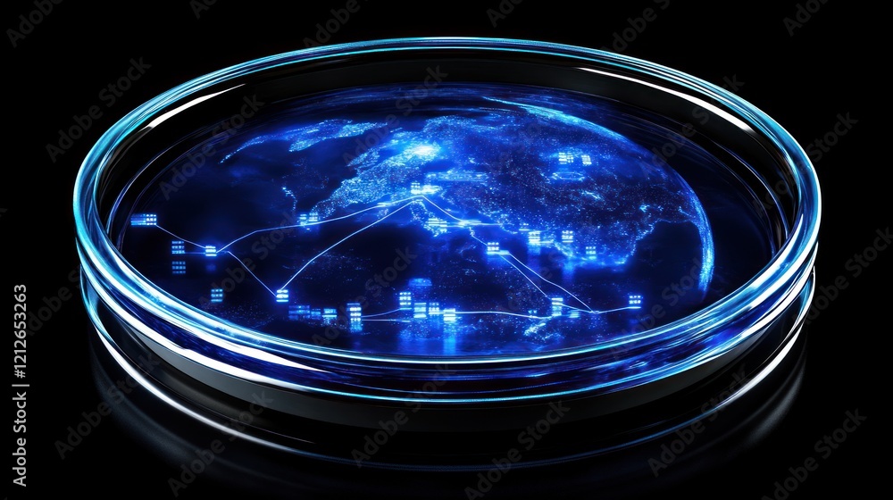 Poster global network data illuminated inside glass dish