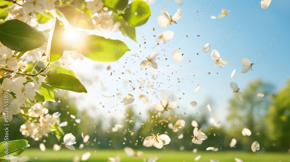 Aufkleber blossoming orchard with white flowers and sunlight creating serene atmosphere, showcasing nature bea