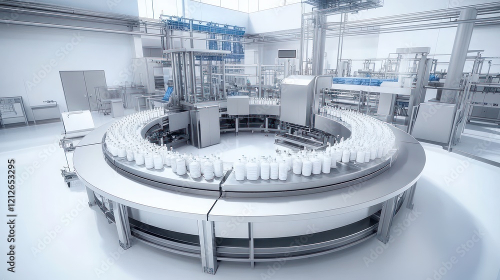 Poster modern automated bottling plant with many white bottles