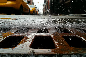 Rainwater Impacting Storm Drain on City Street