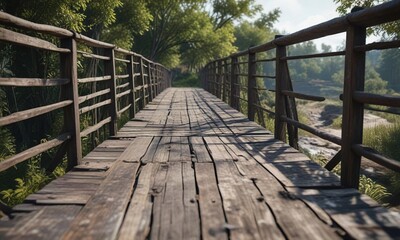 Obraz premium Wooden bridge with weathered railings and peeling paint, wooden bridge, rusty