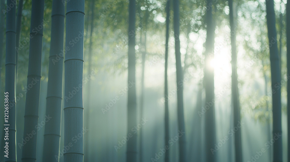 Poster Serene bamboo forest with sunlight filtering through tall trees, creating tranquil atmosphere