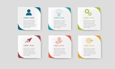 Business concept 6 steps with colorful label design for workflow layout, diagram, annual report, web design. Creative banner vector.
