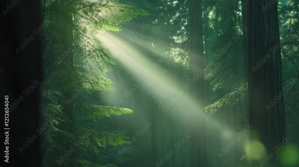 Poster Serene forest landscape with soft light filtering through trees, creating tranquil atmosphere