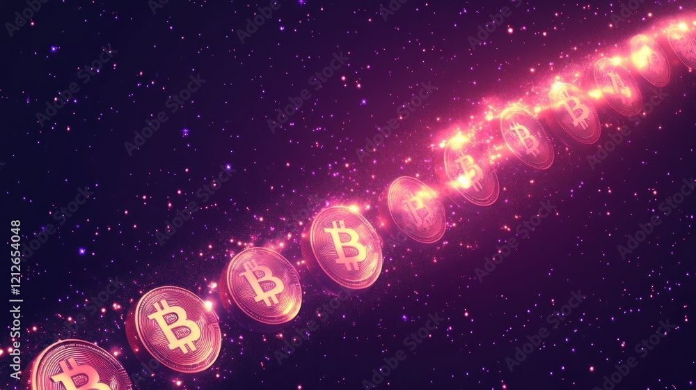 Poster bitcoin coins stream across a cosmic background