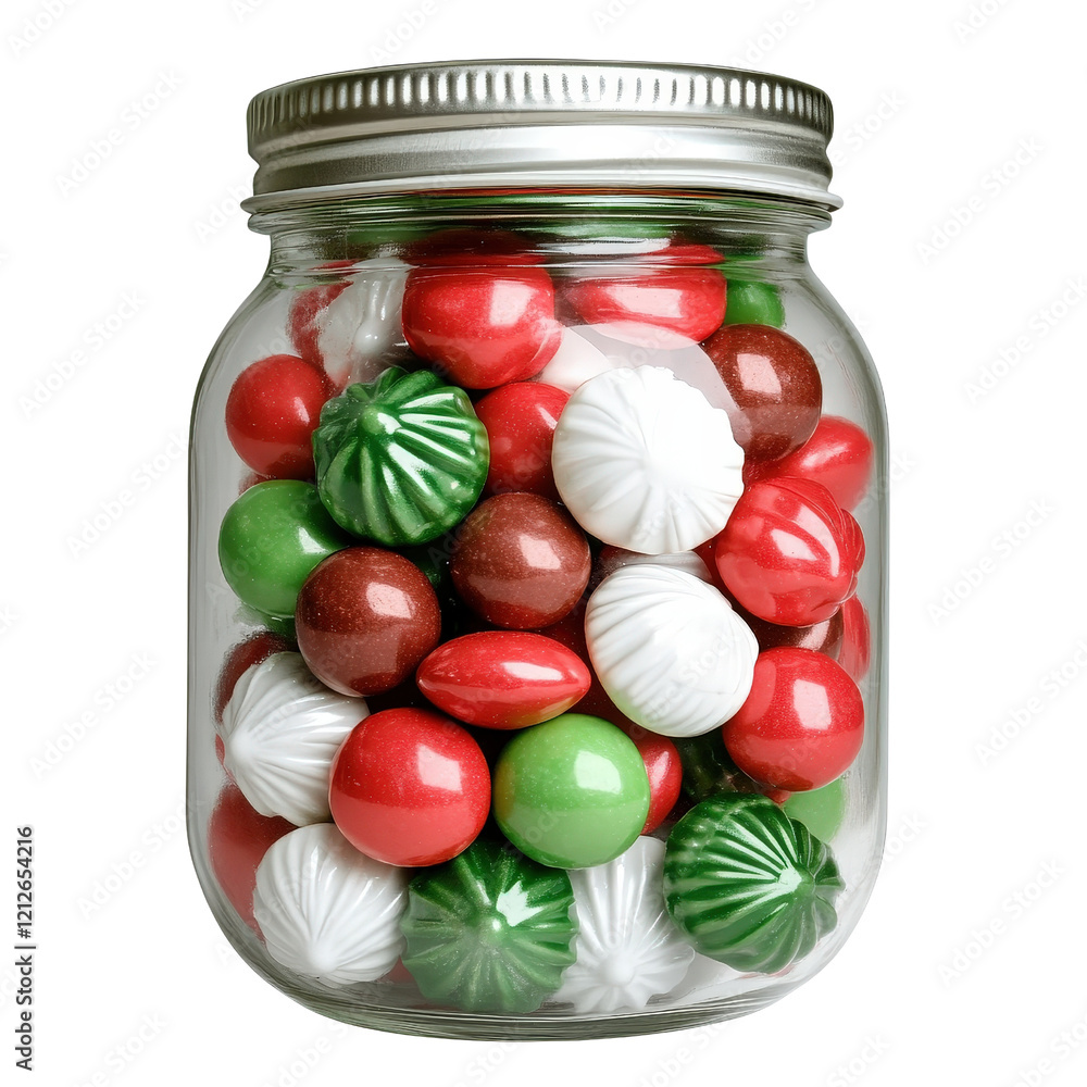 Poster jar filled with assorted chocolates in a glass container on a white background isolated on transpare