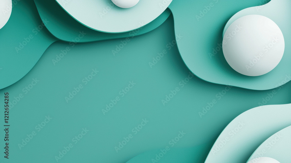 Poster Smooth teal background with abstract shapes and spheres creating depth