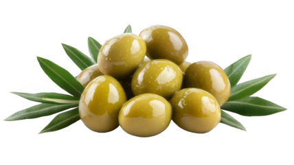 Green olives with leaves isolated on transparent or white background