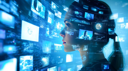 A woman's profile is overlaid with a multitude of digital screens, representing immersion in technology, data, and the digital world. A visual metaphor for connectivity and information overload.