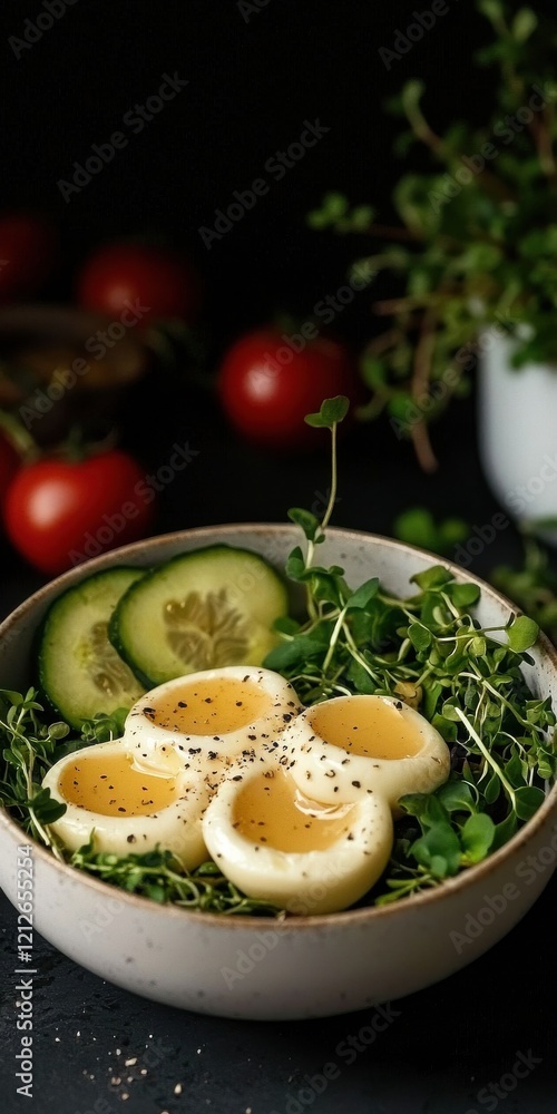 Poster artistic display of nutritious plant-based meal featuring cucumbers and tomatoes in a dark setting