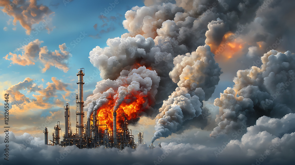Poster maintenance engineers discussing refinery system enhancements amidst smoke and flames industrial set