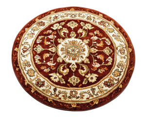Naklejka premium Elegant round area rug with intricate floral patterns in rich colors. Perfect for enhancing any living space or bedroom decor, adding warmth and style