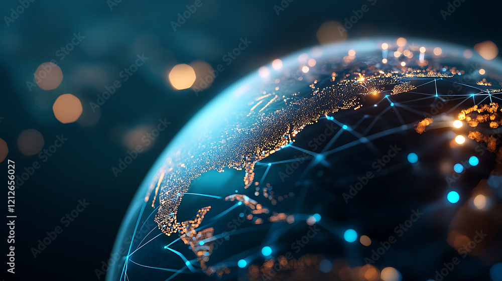 Poster global business connections through illuminated communication digital network visualization modern t