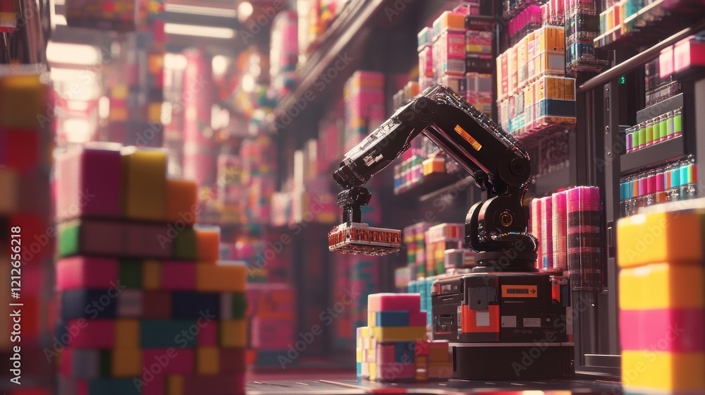 Poster Robotic Arm Sorting Colorful Blocks in a Warehouse