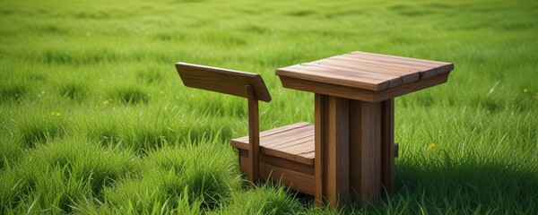 Worn wooden lectern on fresh green grass field, serene outdoor setting, vintage look, well-used podium, speaking platform, countryside view