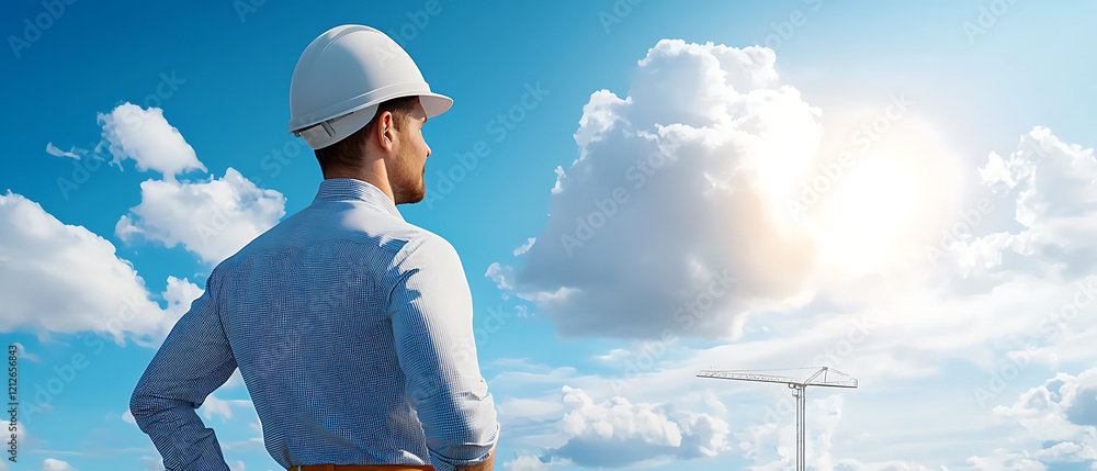Poster businessman and engineer reviewing progress of precast structures at construction site outdoor high 