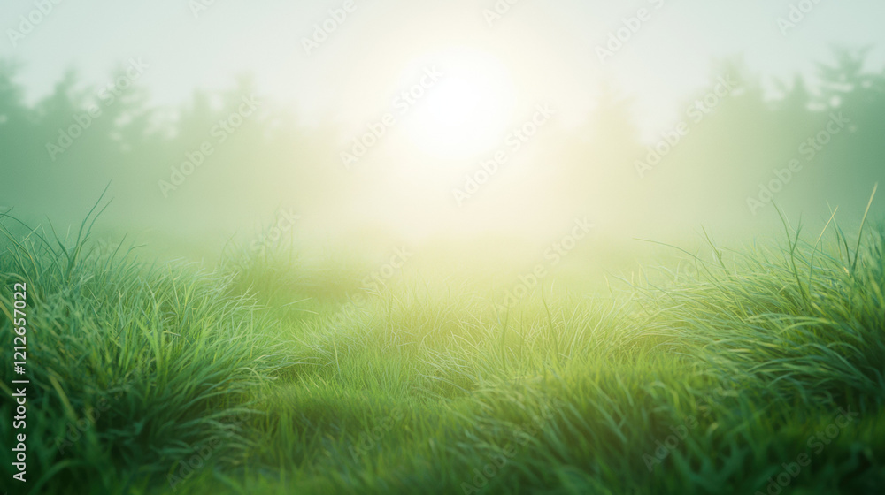Poster serene landscape featuring lush green grass illuminated by soft sunlight, creating tranquil atmosphe