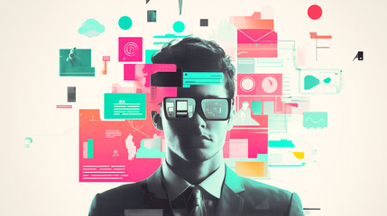 A man wearing digital glasses with a vibrant overlay of data icons, representing the digital age, information overload, and the future of communication.