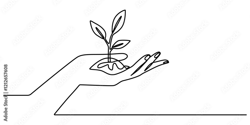 Poster hand hold leaves branch continuous line drawing. plant in human arm one line art. vector illustratio