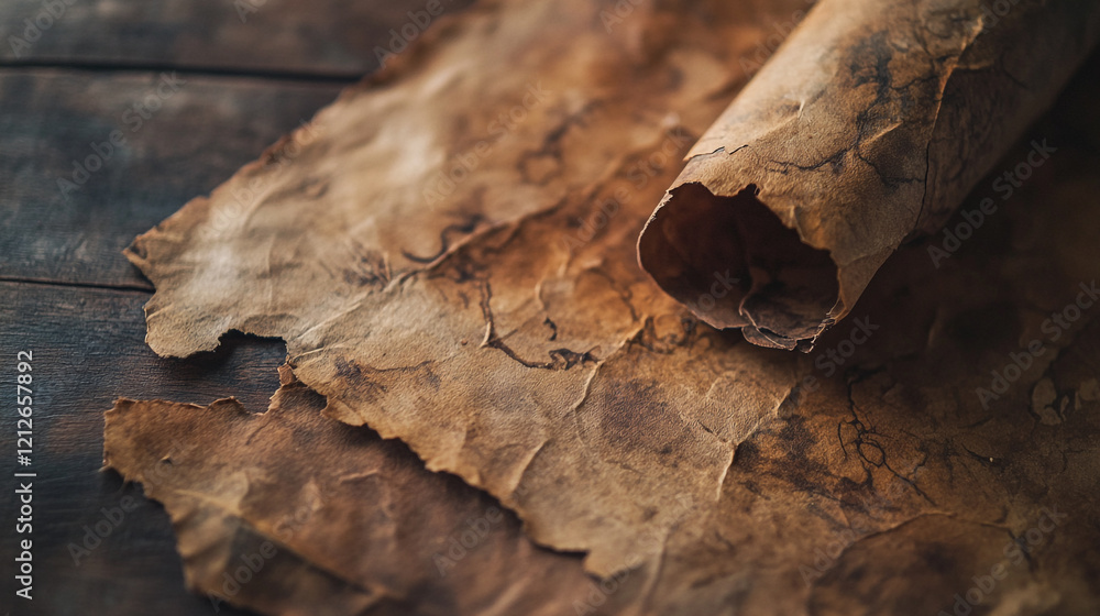 Poster Old rolled parchment placed on a rustic wooden surface with visible texture and details