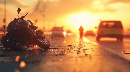 Fototapeta premium Dramatic sunset traffic scene with motorcycle crash on busy highway