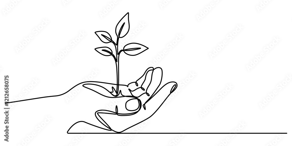 Poster hand hold leaves branch continuous line drawing. plant in human arm one line art. vector illustratio
