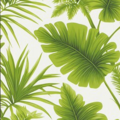 A vibrant pattern featuring various green tropical leaves against a light background, evoking a lush and serene natural environment.