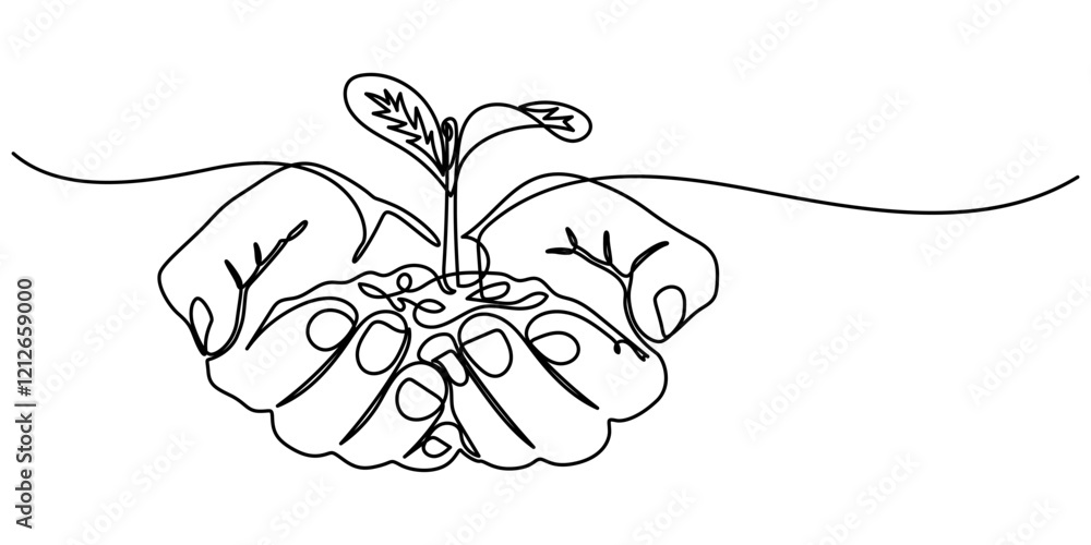Poster hand hold leaves branch continuous line drawing. plant in human arm one line art. vector illustratio