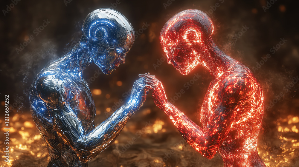 Aufkleber futuristic blue and red humanoid robots connecting in a symbolic interaction