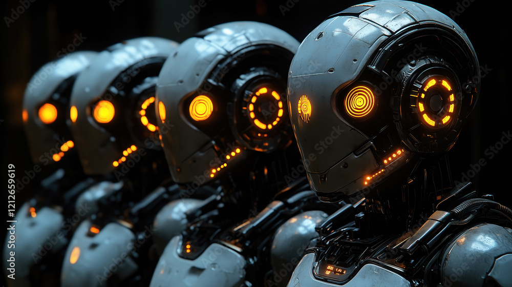 Aufkleber row of futuristic robots with glowing orange eyes in a high-tech environment