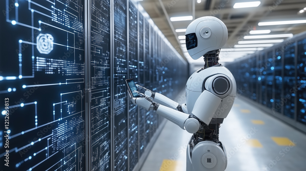 Aufkleber robot managing data servers in a futuristic technology environment