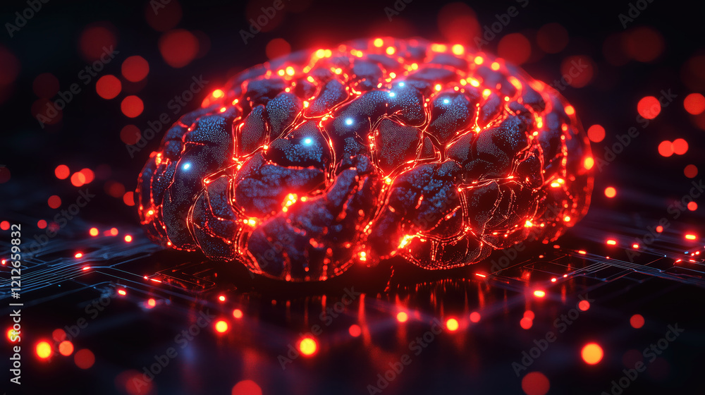Poster glowing artificial brain with red neural connections on a digital circuit board