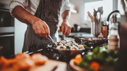Chef Preparing Delicious Sushi Rolls In Kitchen