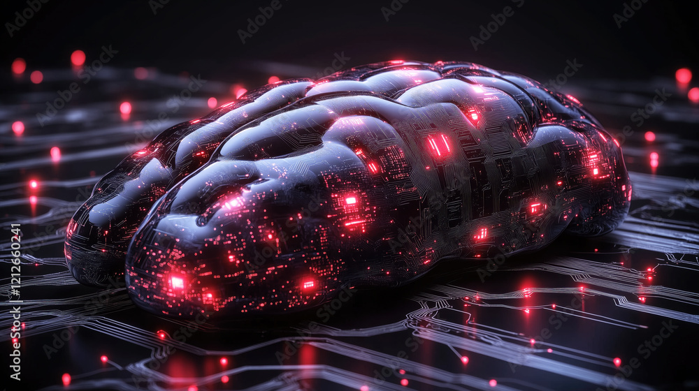 Aufkleber futuristic artificial brain glowing with red digital circuits on a high-tech surface