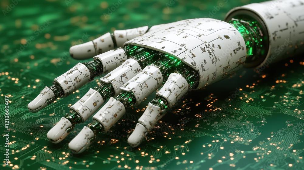 Poster robotic hand with intricate green circuitry resting on a detailed circuit board