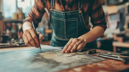 Obraz premium Artist meticulously etching a detailed design onto a surface
